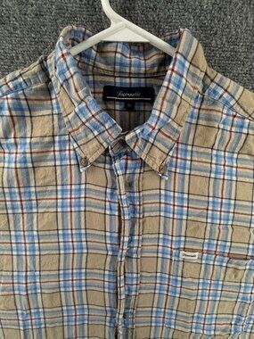 Faconnable Flannel XL Cotton Button-Down Plaid Beige Men Shirt Pocket Adult